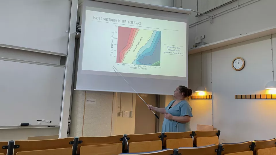 A. Skuladottir giving a talk. Photo.