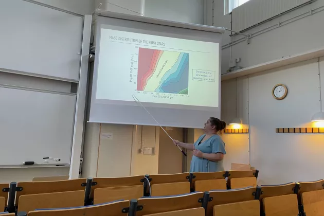 A. Skuladottir giving a talk. Photo.